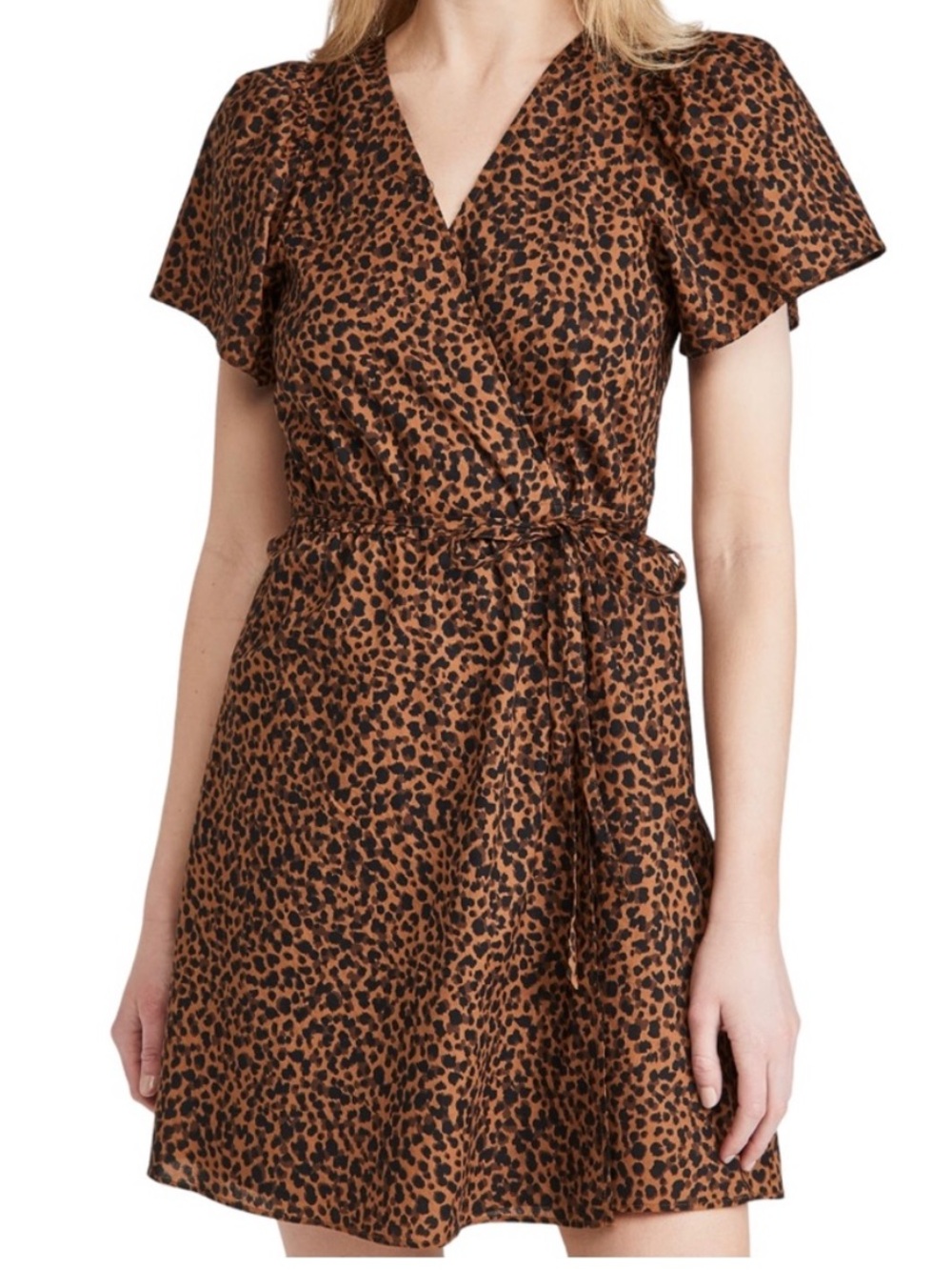 Madewell Flutter Sleeve Wrap Mini Dress in Painted Leopard Small